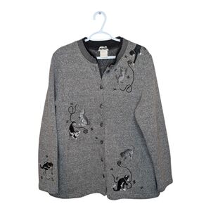 Vintage Bon Worth Woman Large Grandma Cat Embroidered Button Down Cardigan Grey